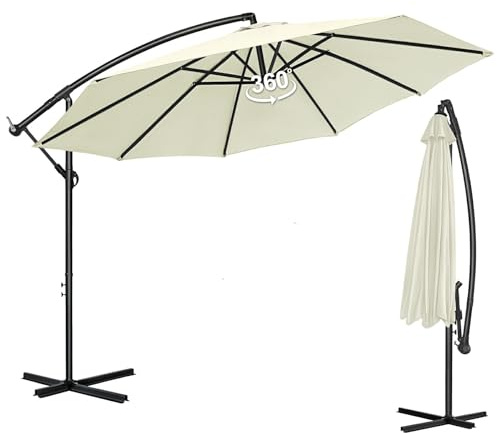 Kidsgigglz Parasol Déporté 3m avec Manivelle, Toile Épaisse Déperlante avec Protection UV 40+, Inclinable et Pivotant à 360°, Base Stable pour Balcon, Terrasse et Jardin Extérieur, beige