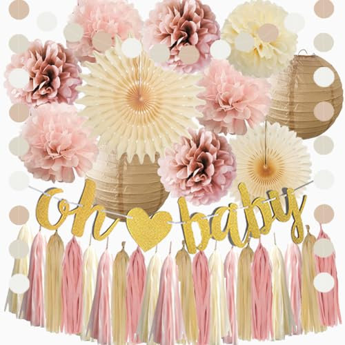 Babyparty Deko Rosa Beige Boho Babyparty Deko Mädchen Beige Rosa Boho Baby Shower Deko Neutral Babyshowerparty Altrosa Beige Party mit Oh Baby Girlande Gold Quasten Girlande Hellrosa Creme Braun
