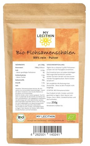 My Lecithin Bio Flohsamenschalen Pulver 250 g – 100% Bio, ballaststoffreich, glutenfrei & vegan – fein gemahlenes Flohsamenschalenpulver für Verdauung & glutenfreies Backen