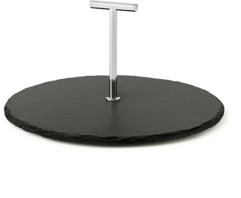 hausleben Schiefer Servierplatte 25 cm rund mit Edelstahlgriff – Käseplatte | Echter Naturstein – Rustikaler Servierteller für Antipasti, Tapas, Kuchen, Fingerfood & Desserts – Edles Servierbrette Deko
