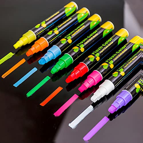 Paquete de 8 rotuladores fluorescentes de tiza con bala reversible y punta de cincel para tableros de menú LED, tableros de bistró, ventanas de vidrio, pizarras y arte pop
