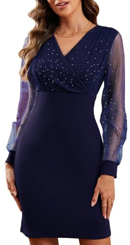 Joligiao Party Dresses for Women UK Elegant V-Neck Mesh Long Sleeve Sexy Slim Short Dress Ladies Retro Club Cocktail Black Prom Dress Sequin Bodycon Mini Dresses(Navy,XXL)