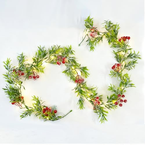 Junhui 180cm Weihnachtsgirlande, Faux Reben mit Rot Beeren, 35 LED Lichter Weihnachtskranz Künstliche Pflanzen, Rot Beeren Girlande für Kamine Tische Treppen Indoor Weihnachten Dekor