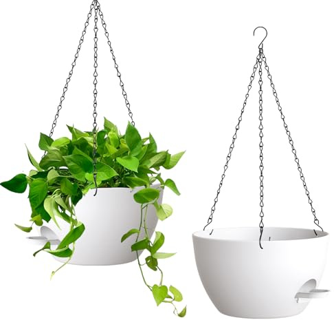 Homeuouz 25cm Selbstbewässernde Hängende Blumenampel 2er-Set – Blumentopf Hängend Innen & Außen, Hängeblumentöpfe mit Drainage für Balkon, Wohnzimmer, Küche,Weiß