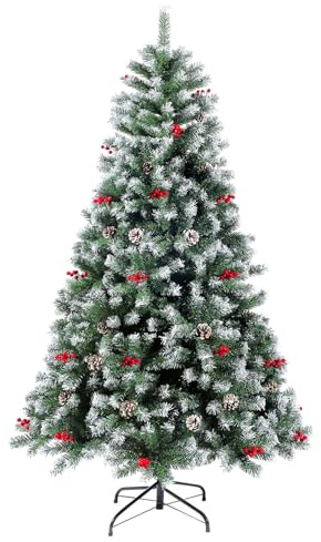 Yinghesheng Albero di Natale Innevato Artificiale da 1.2m - 2.1m con pigne, Albero di Natale affollato con Effetto Neve Realistico Bianco, Supporto Pieghevole in Metallo, Facile da Montare,1.5m