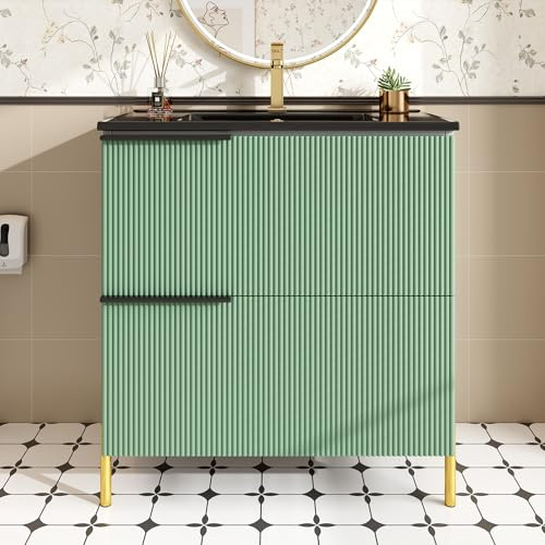 Merax Meuble de salle de bain avec lavabo, Colonne de salle de bains avec lavabo, meuble sous lavabo avec 2 tiroirs, Colonne de salle de bains, Vert, 81,5x47x90 cm