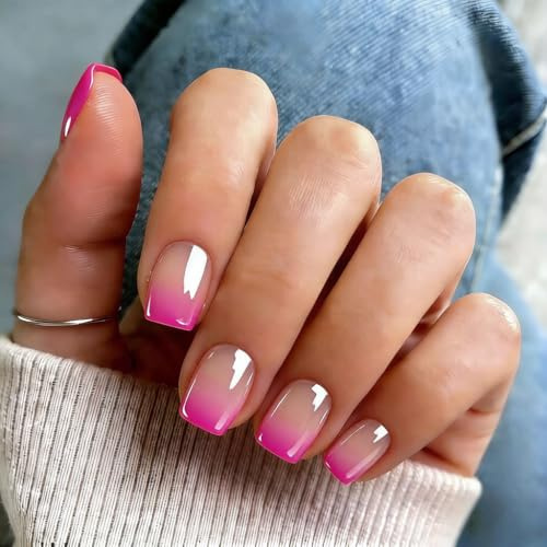 KQueenest Chrome Ombre Hot Pink Press on Nails Short Square, Glazed Cute False Nails with Sparkle Mirror Design, Shiny Glitter Fake Nails Short, Gradient Nude Fushia Artificial Nail 30 Pcs