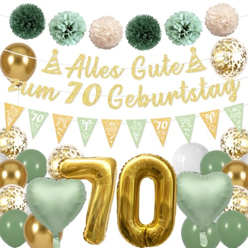 JoyAura Deko 70 Geburtstag Frau Mann Grün Gold Luftballons Girlande Set | 27 Stück 70 Jahre Geburtstagsdeko, Glitzer Girlande, Zahlenballons, Latexballons, Herz Folienballons, Papierblumen