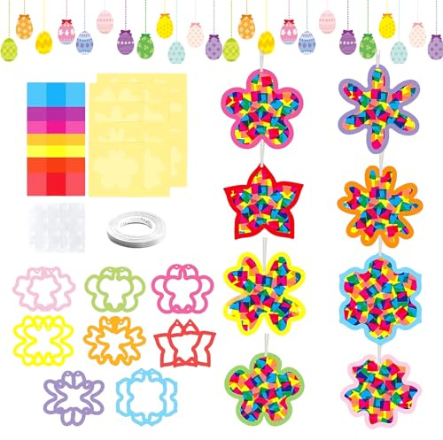 MMDOCO 16 Stück Bastelset Frühling Kinder, Blumen Fensterbilder, DIY Fensterbilder Basteln, Frühlingsdeko Bastelset, 4 Farben Konfetti