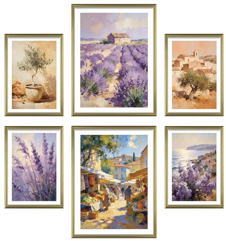 ARTFAVES® Poster Set - Abstract Provence - mehrteilige Wanddeko Wohnzimmer, Schlafzimmer - 6 moderne Wandbilder Abstrakt, Kunst, Gemälde, Frankreich, Lavendelfelder - mit Rahmen Gold