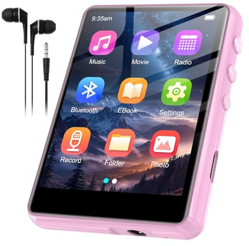 SWOFY Lettore MP3 da 128 GB con Bluetooth 5.3, touch screen da 2,4 pollici, suono Hi-Fi, altoparlante integrato, funzione di registrazione, radio FM, espandibile fino a 512 GB (rosa)