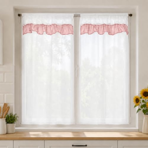 OTHERWISETRIVIAL Tende Corte da Cucina e Bagno, 2 Pezzi, 60x150 cm, con Tasca per Asta, Disponibili in Varianti (BIANCO BALZE ROSA Nadege)