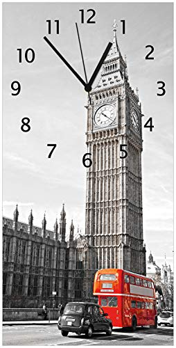 Wallario Design-Wanduhr London Red Bus aus Glas, Motiv-Uhr Größe 30 x 60 cm, Schwarze Zeiger
