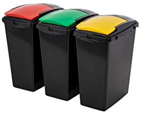 Addis 40 Litre Plastic Set of 3 Recycling 40 litre Waste Utility Bins, Black colour coded Lids Green, Red, Yellow