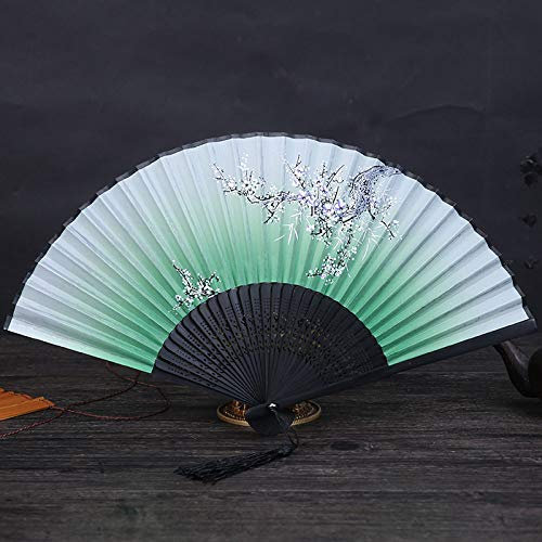 Folding Fan,Green Flower Painted Large Handheld Hand Fans Folding Chinese Japanese Dancing Party Wedding Gifts Diy Decoration Wall-Mounted