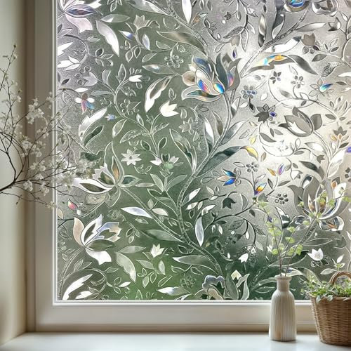 Qualsen Window Film Privacy Film for Glass Windows Rainbow 3D Tulip Patterned Stained Glass Window Film Frosted Opaque Removable Self Adhesive Static Cling Decoration Glass Film for Home, 60 x 300cm