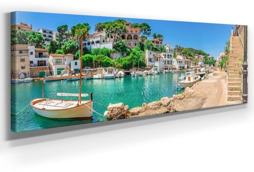 Panorama Leinwand, Hafen Fischerdorf, Mallorca - als 150x50cm großes XXL Leinwandbild. Wandbild als Hintergrund und Deko für Wohnzimmer & Schlafzimmer. Aufgespannt auf 2cm Holzrahmen