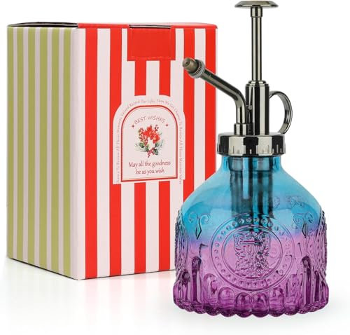 T4U Glas Sprühflasche Klein, 200ml Gießkanne Dekorative Retro Relief mit Pumpe, Vintage Blumensprüher Für Garten Zimmerpflanzen, zum Gießen Kleiner Pflanzen Im Indoor-Bereich Haus Oder Büro