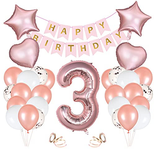 Vicloon 3rd Birthday Party Decoration - Rose Gold Birthday Decoration Pack with Number 3 Balloons for Boys & Girls