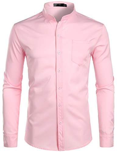 PARKLEES Chemise élégante à col grand-père pour homme, coupe ajustée, manches longues, boutonnée, avec poche, rose, M