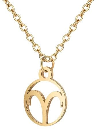 Gold Star Sign Circle Pendant Chain Necklace - Aries (21st March - 19th April) - Zodiac Constellation Horoscope Celestial Astrology Jewellery - Women Men Gift