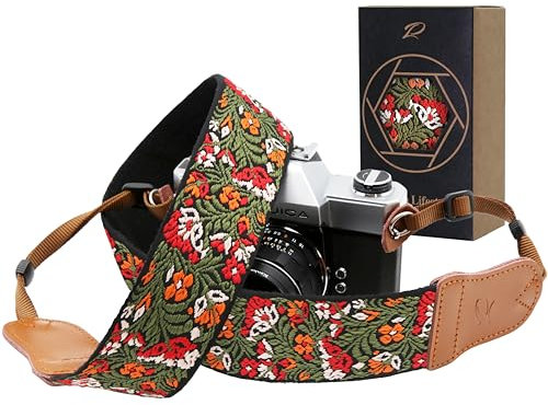 Padwa Lifestyle Green Flower Camera Strap - 2 Wide Cowhide Head, Embroidered Cotton Woven Vintage Camera Straps,Universal Neck & Shoulder Strap for All DSLR Cameras and Men & Women Photographers