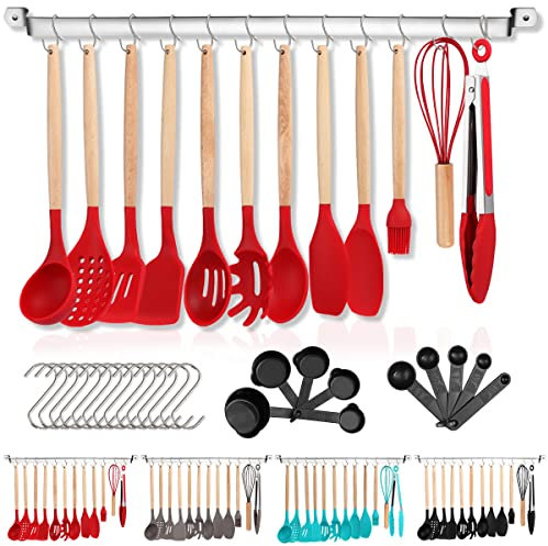Berglander Silikon Küchenutensilien Set 38 teilig, Antihaft Kochgeschirr Set, Holzgriff Küchenutensilien Werkzeuge mit Mehrzweckhaken und Utensilienhaltern (Rot)