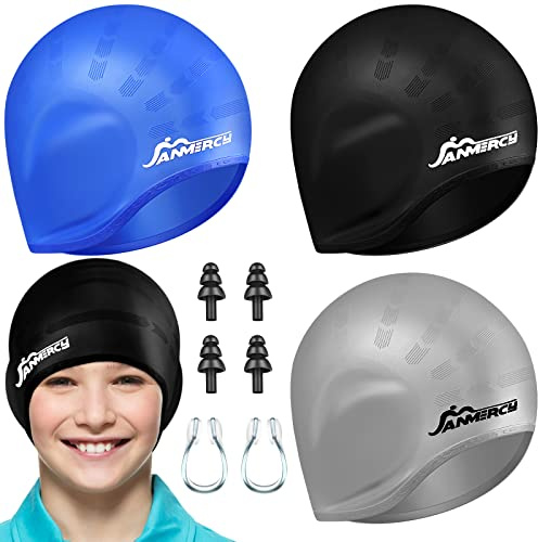 Janmercy 3 Pcs Swim Caps for Boys Girls Silicone Swimming Hat with 3D Ear Pockets for Age 6-15 Bath Hats Short/Long Hair with Ear Plug Nose Clip Supplies(Black, Blue, Grey)