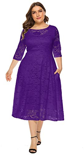Odizli Robe de soirée élégante à manches 3/4 pour femme - En dentelle - Pour mariage, fête, coctail - Grandes tailles, Violet, XXL