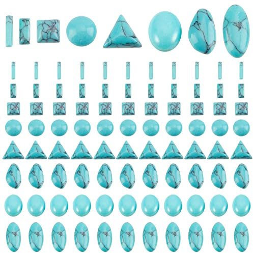 PandaHall Synthetische Türkis Stein Cabochons 96 Stück 8 Formen Blaue Textur Edelsteinfliesen Säule Quadratische Perle Halbrunder Stein Cabochon Fliese Für Armband Halskette Ohrringe Cameo