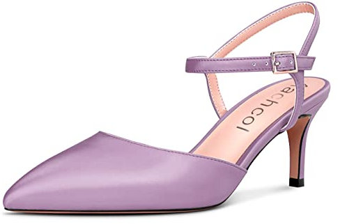 Aachcol Donna Spillo Medio Gattini Tacco Heel Pumps Cinturino alla Caviglia Slingback a Punta Dress Scarpe Ufficio Feste da Matrimonio Raso Viola Taro 6.5 CM 39 EU