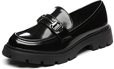 Vera Creation Women's Chunky Platform Loafers with Chain or Buckle Patent Leather Casual Business Work Shoes Comfort Slip-on (Black+Black Buckle 8)