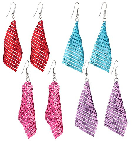 Eigso 4 Stück Pailletten Metallic Dropping Ohrringe für Frauen Männer Leichtgewicht Metall Mesh Grid Quaste Tropfen Dangles Ohrring für Frau Mann