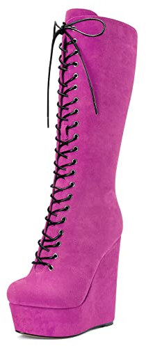 Castamere Donna Zeppa Alto High Tacco Heel Chiusa Rotonda Punta Metà polpaccio Lacci Cerniera Classico Stivali Magenta Rosso 43 EU