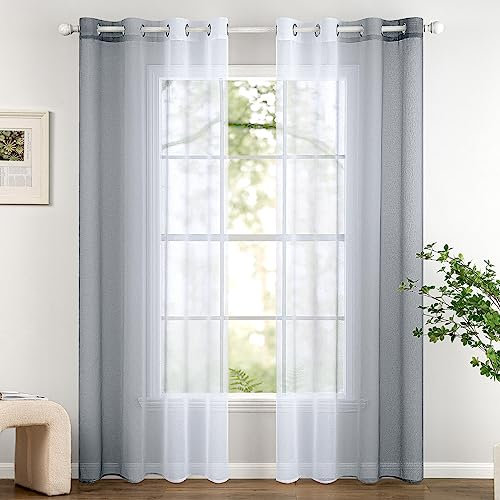 Woaboy 2er Set Voile Vorhang Zweifarbiger Vorhang mit Ösen Transparente Gardine Ösenschal Dekoschal Fensterschal Lichtdurchlässig für Schlafzimmer und Wohnzimmer 140x245cm Grau