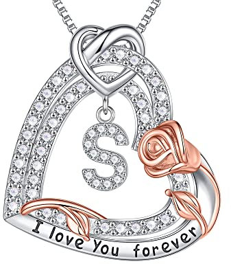 TINGN Geschenk für Frauen Mädchen, Halskette Damen Sterling Silber Rose Liebe Anhänger Herz Intialen S Halskette mit Buchstaben Muttertagsgeschenke Weihnachtsgeschenke Ostergeschenk Mutter Geschenk