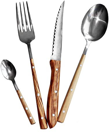 NATUREHOME Premium Design - Set di 4 posate in legno d'ulivo, coltello, forchetta, cucchiaio grande, cucchiaio piccolo