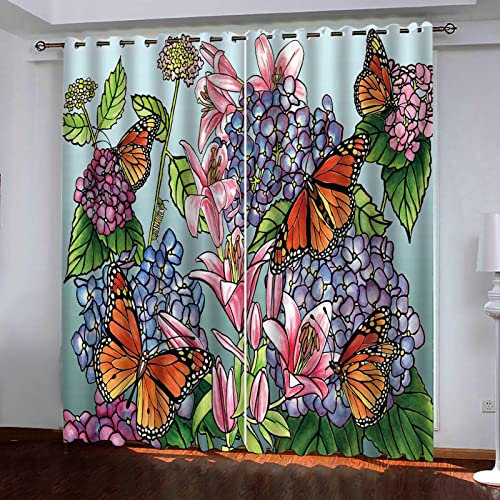 TFLABS Fenster Vorhang Schlaufen-Vorhang 2 Stück x 110 B x 215cm H Schmetterlinge & Blumen Dekorative Gardine Schlaufenschal Fenster-Schal