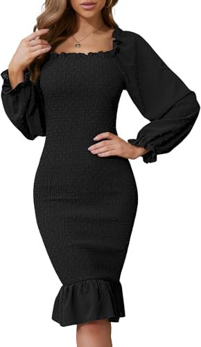 SENFURE Women's Summer Casual Midi Smocked Bodycon Dresses Puff Sleeve Square Neck Ruffle Mermaid Cocktail Dress, Black Long Sleeve, L