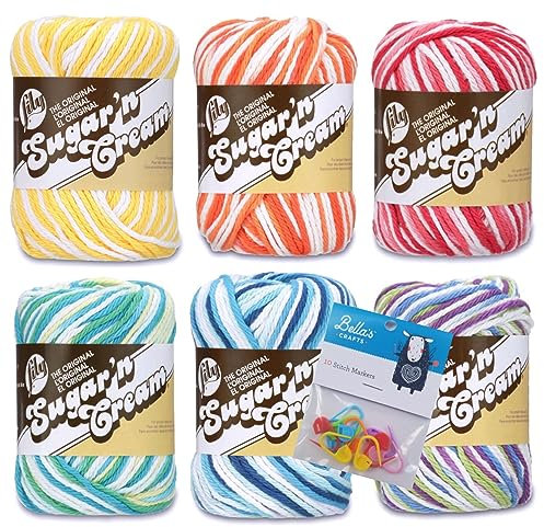 Lily Sugar'n Cream 100% Cotton Yarn 6-Pack Bundle with Bella's Crafts Stitch Markers (Rainbow Ombres)