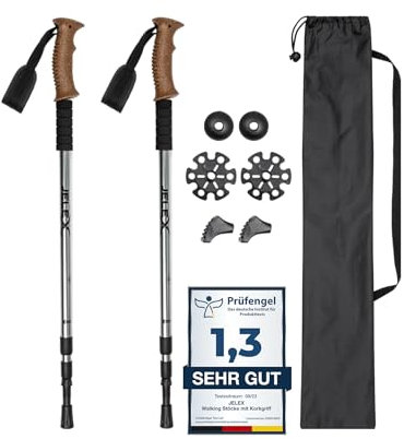 JELEX Nature Teleskop Walking Stöcke für Nordic Walking verstellbar, inkl. diverser Aufsätze für Outdoor Aktivitäten, ultraleichte Wanderstöcke mit Antishock-Technologie (Grau Premium)