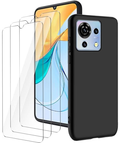 LYZXMY Hülle für ZTE Blade V50 Vita 4G(6.75) Schwarz Handyhülle + 3 Stück Gehärtetes Glas Schutzfolie, Case Weich Silikon TPU Schutzhülle Cover 9H Härte HD Gehärtetes Glasfolie Glas