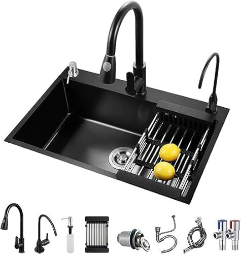 Fregadero de cocina integrado de acero inoxidable, con 3 agujeros en la parte superior integrada para instalar fregadero de un solo tazón, con grifo de bombeo y grifo de purificación (60 * 45 * 20cm)
