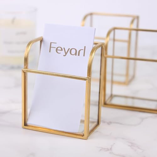 Feyarl Porte-cartes de visite vertical en verre - Organiseur de cartes de visite - Pour bureau - Doré