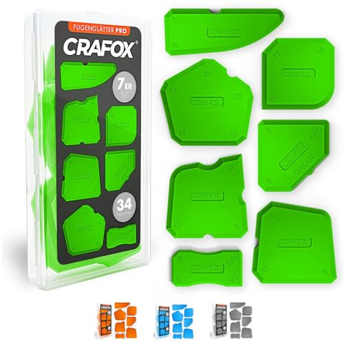 CRAFOX® Fugenglätter 7er SET GRÜN | Extra große Silikon Abzieher mit 34 Fugenformen | Fugenabzieher inkl. Aufbewahrungsbox | Acryl & Silikonabzieher | Glätter - Spachtel - Werkzeug für perfekte Fugen