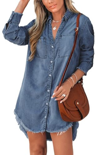 CUPSHE Women Denim Shirt Mini Tunic Dress Casual Oversized Autumn Long Sleeve Frayed Hem Tops Blouse with Pockets Dark Blue L