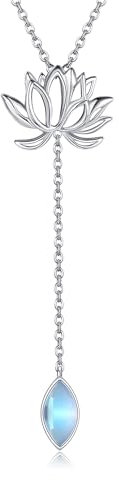 DAYLINLOVE Lotus Kette 925er Sterling Silber Halsmit Anhänger Mondstein Lotus Y Form Blumen Yoga Schmuck Geschenke für Damen Frauen Mädchen Lotusliebhaber
