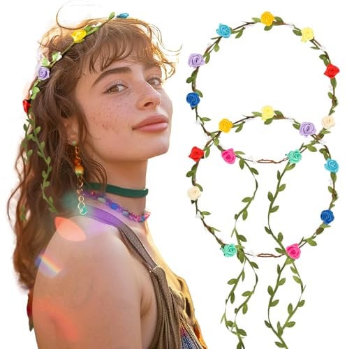 BETESSIN 2Pcs Pride Haarschmuck Regenbogen Haarband Blumenkranz Haare Damen Blumenkrone LGBT Accessoires Pride Haarreif Blumen Stirnband Rosen Hochzeit Geburtstag CSD Outfit Karneval Mottoparty