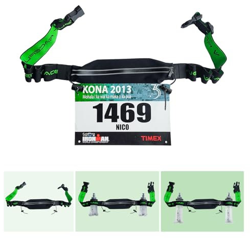 RaceFuel Triathlon Startnummernband Laufgurt mit Tasche für Handy mit Nummernhalter & 6 Halter Softflask oder Gel für Joggen Radfahren Marathons (Mit Tasche)