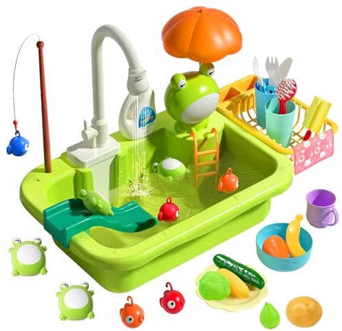 xwin sportseries Play Sink With Running Water, 2-in-1 Kitchen & Fishing Toy Set With Electric Faucet, Role Play Dishwasher Gift For Kids Age 3+